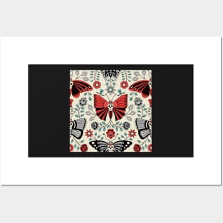 Gothic Halloween design of Skulls and Butterflies and flowers on a light background Posters and Art